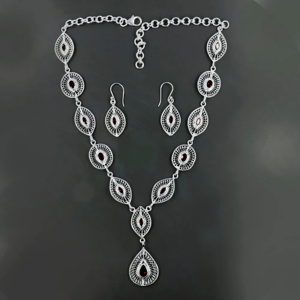 Natural Blue Topaz Filigree Necklace Jewelry Set