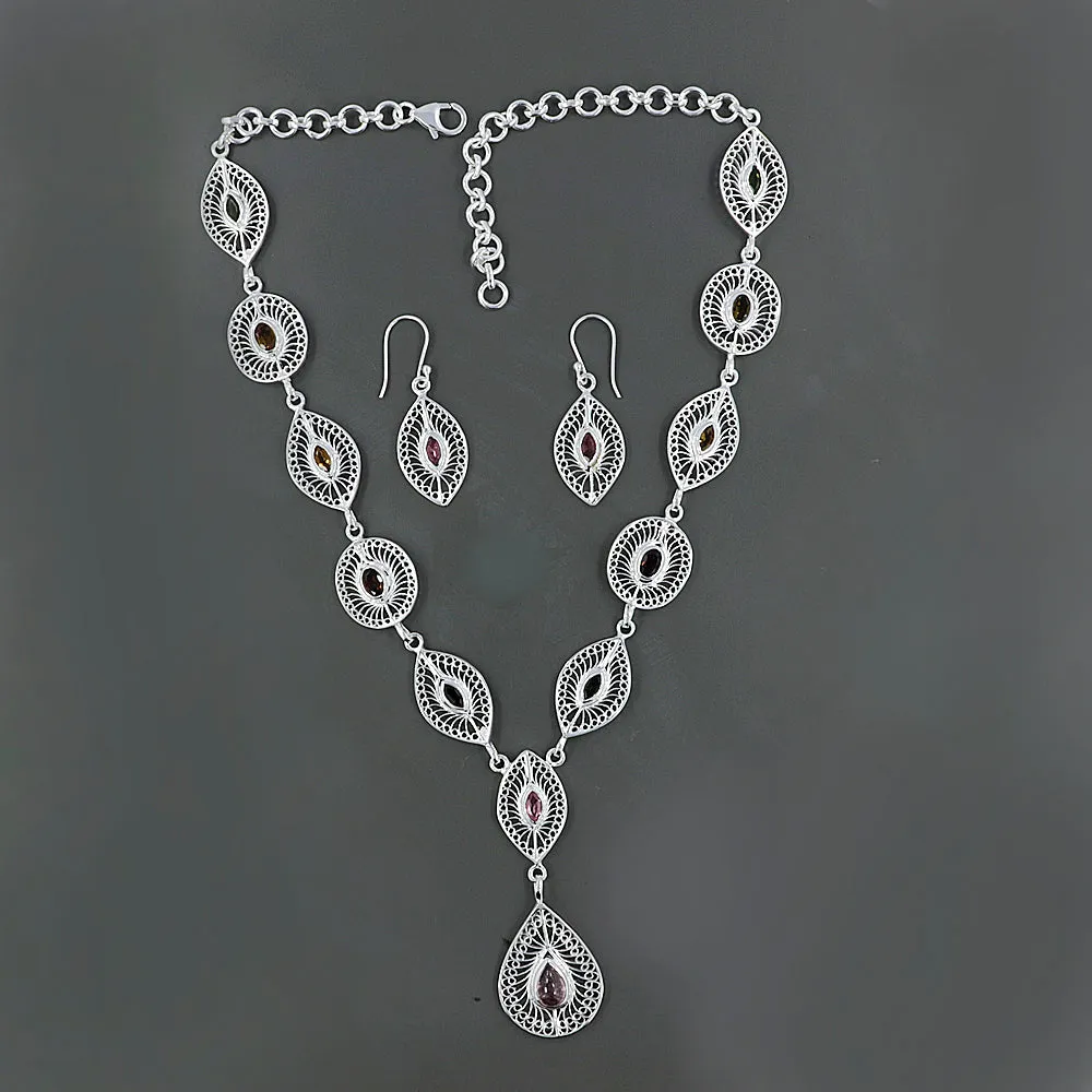 Natural Blue Topaz Filigree Necklace Jewelry Set