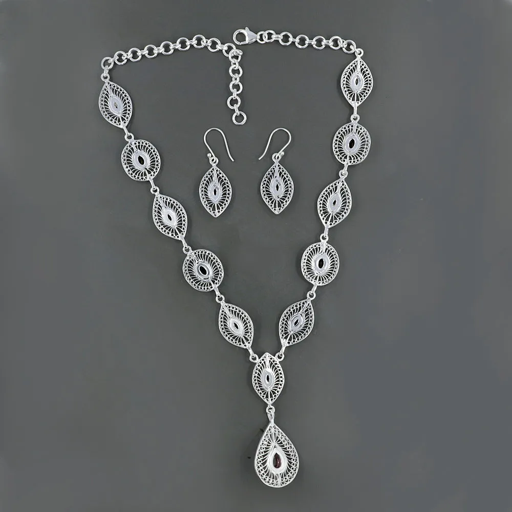 Natural Blue Topaz Filigree Necklace Jewelry Set
