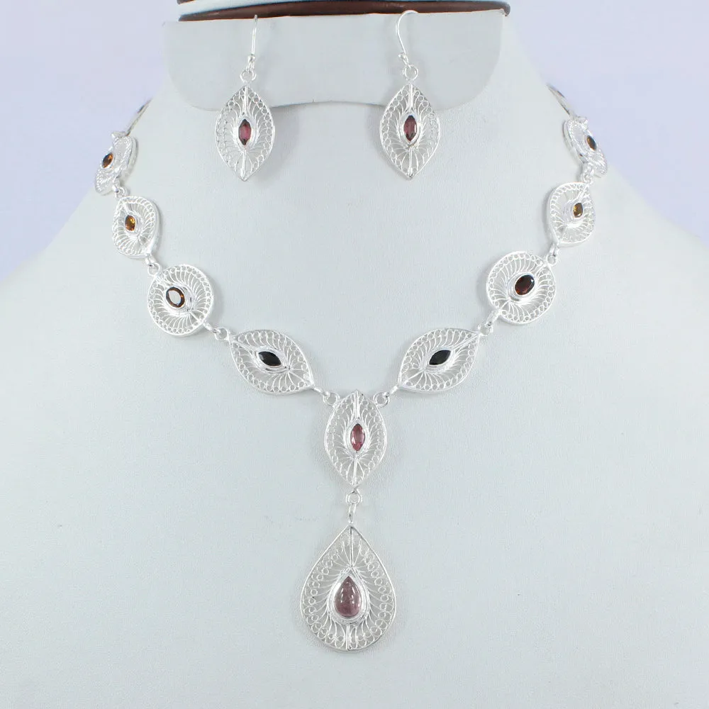 Natural Blue Topaz Filigree Necklace Jewelry Set