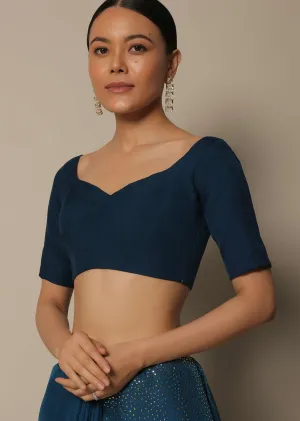 Navy Blue Saree With Badla Work And Unstitched Blouse Piece