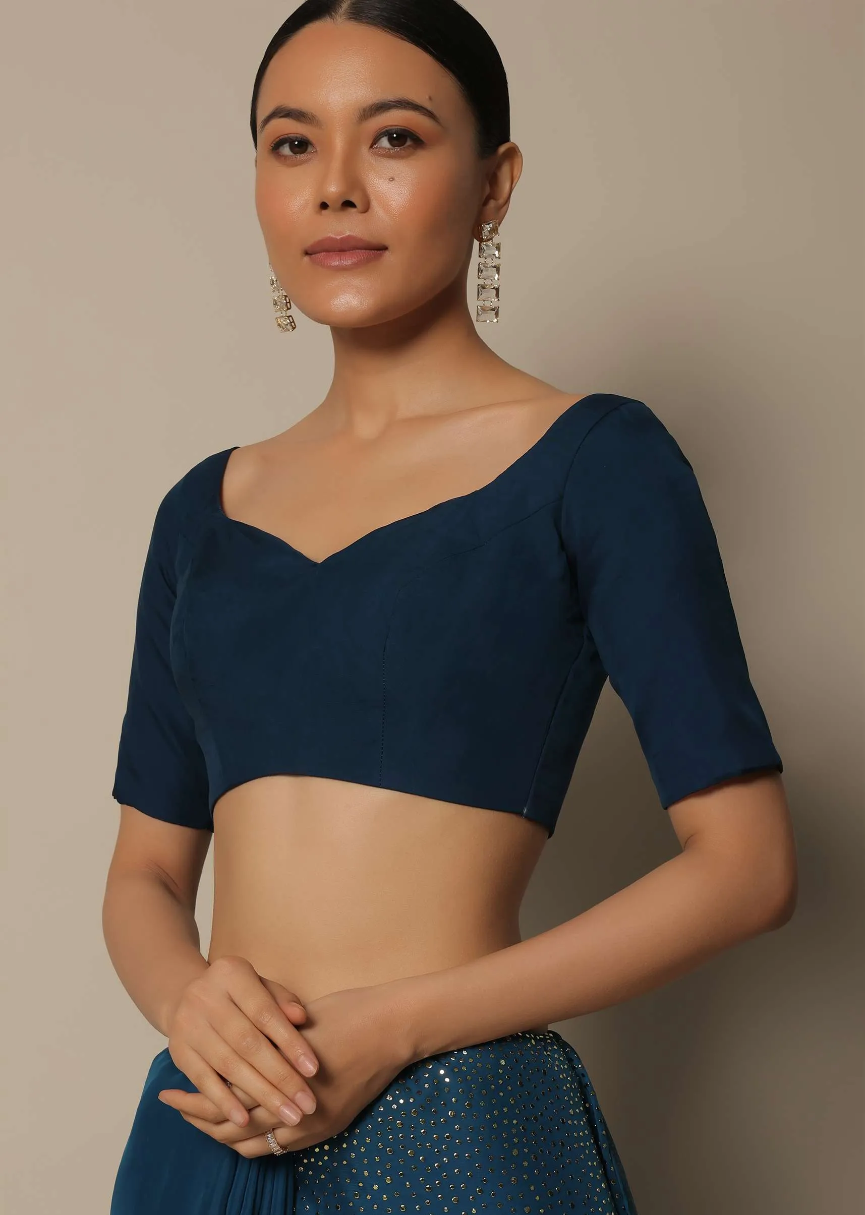 Navy Blue Saree With Badla Work And Unstitched Blouse Piece