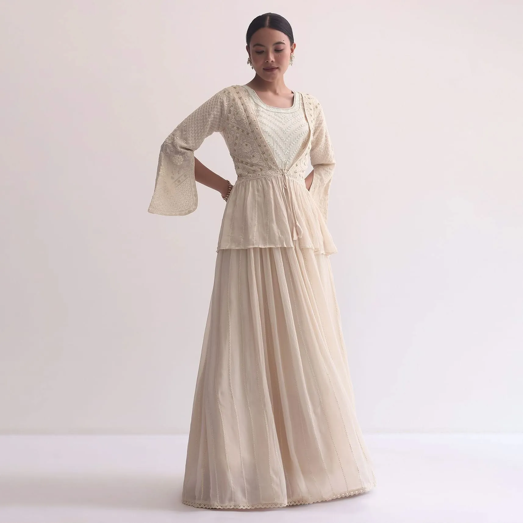 Off White Indo Fusion Lucknowi Anarkali With Jacket