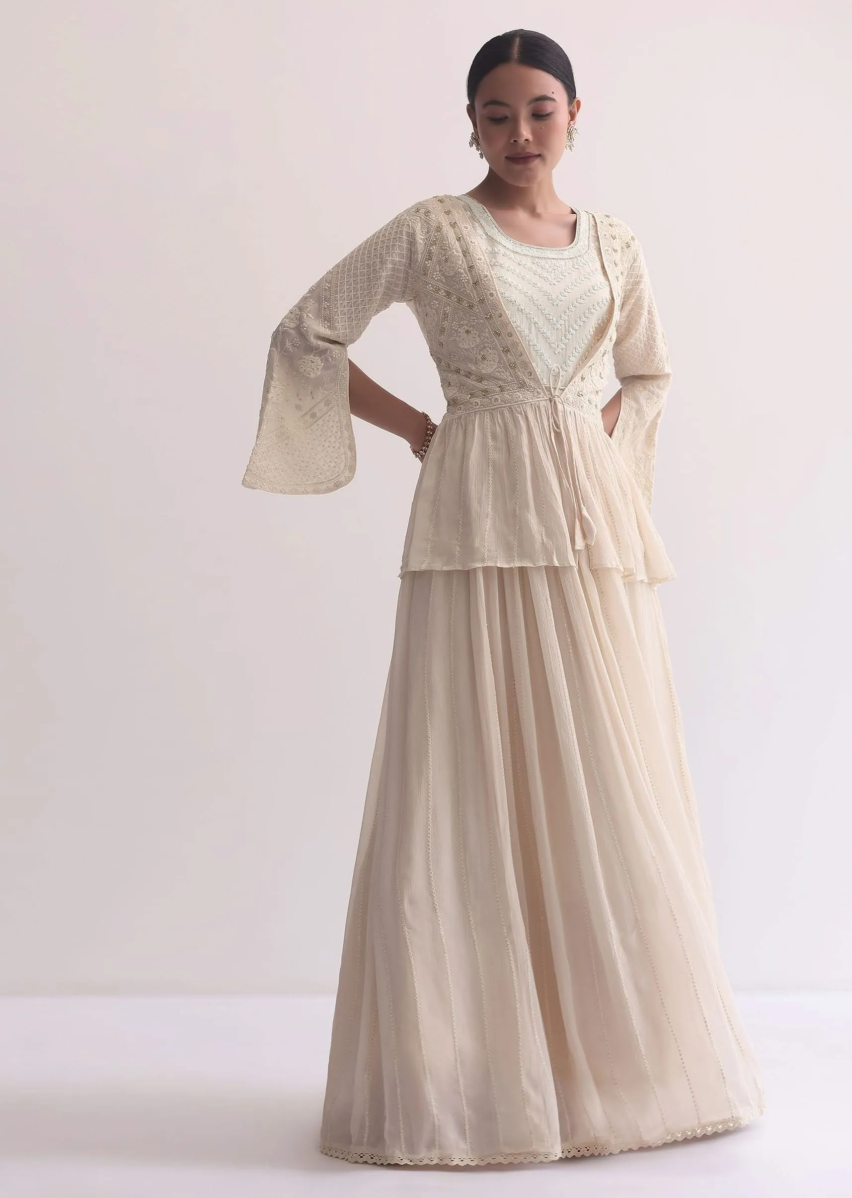 Off White Indo Fusion Lucknowi Anarkali With Jacket