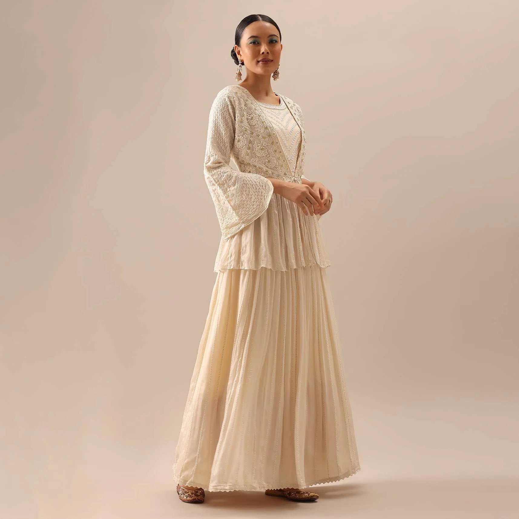 Off White Indo Fusion Lucknowi Anarkali With Jacket