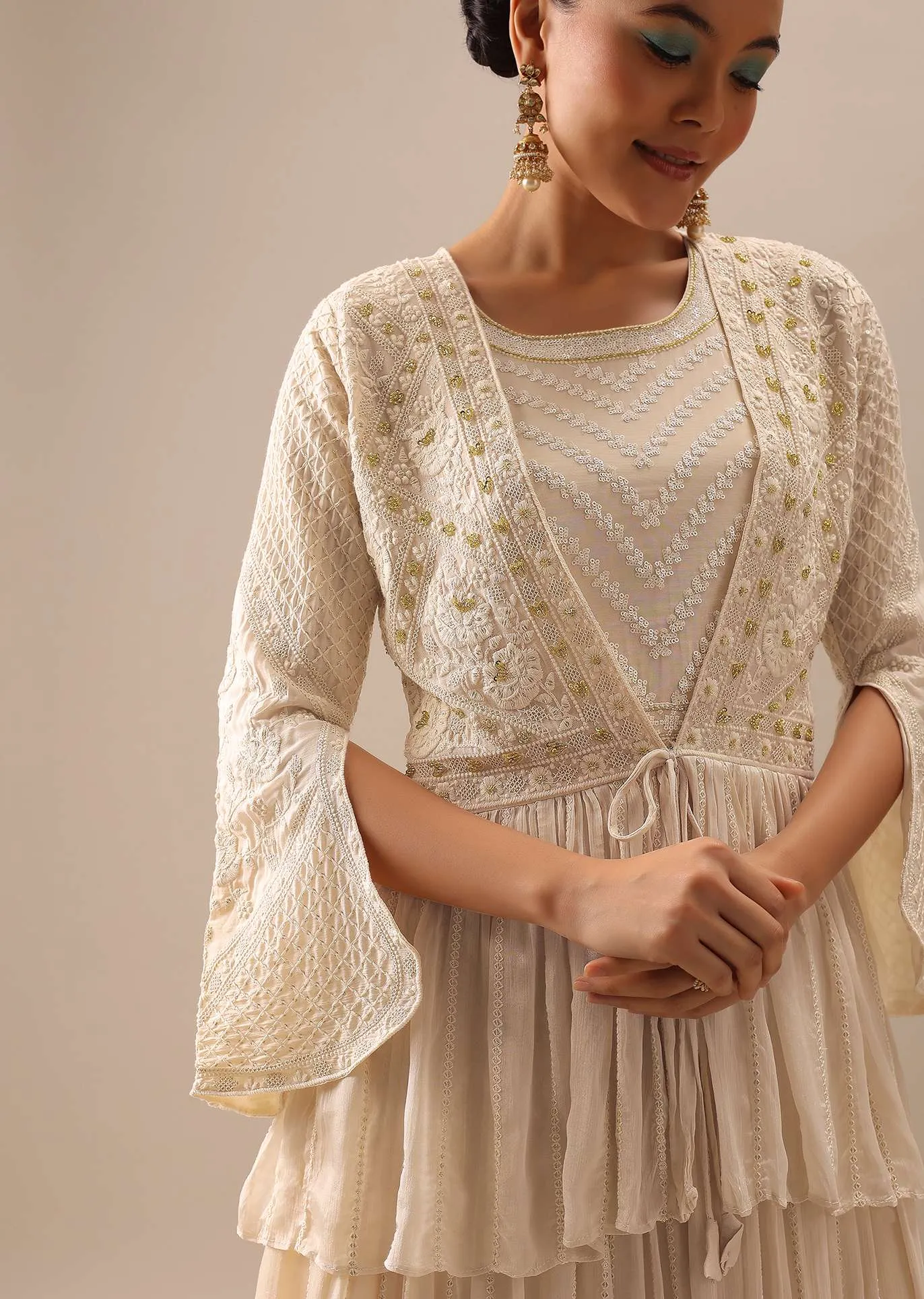 Off White Indo Fusion Lucknowi Anarkali With Jacket