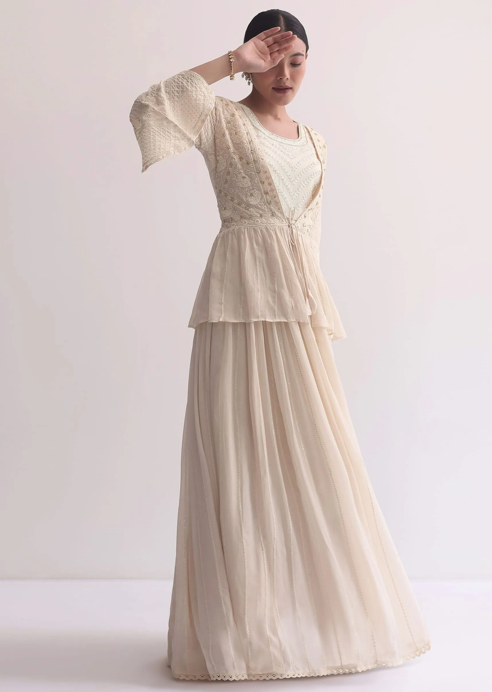 Off White Indo Fusion Lucknowi Anarkali With Jacket