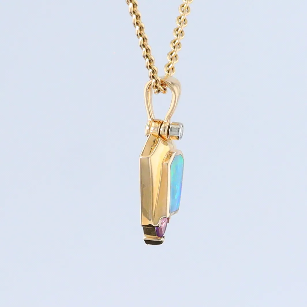Opal Pendant Geometric Inlaid Trillion Cut Amethyst and .02ct Diamond
