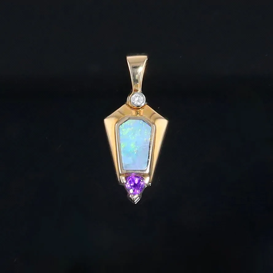 Opal Pendant Geometric Inlaid Trillion Cut Amethyst and .02ct Diamond