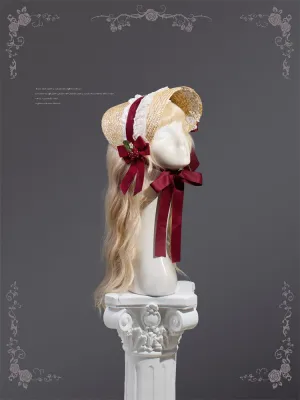 Wine Red Big Bow Cottagecore Country Lolita Bonnet